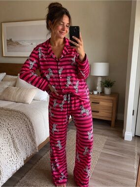Room Service Womens L Pajama Set Pink Striped Zebra Print Pants